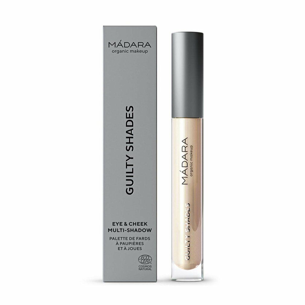 Madara Guilty Shades Frost. Ombretto multiuso occhi e guance. Confezione grigia e prodotto. Testo: Madara, Guilty Shades, COSMOS NATURAL.