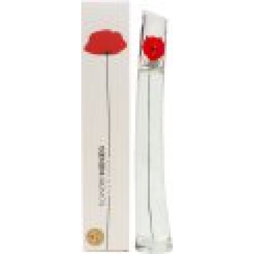 Flacone di profumo e confezione. Flacone con fiore rosso, confezione con fiore e testo. Marchio: Kenzo.