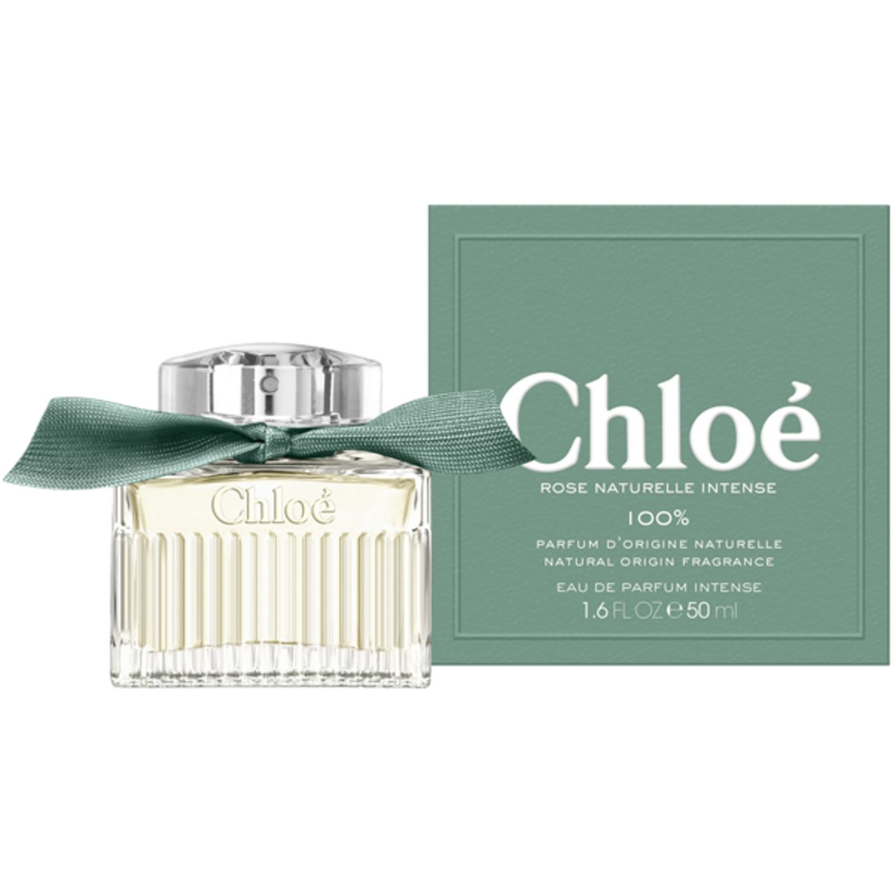 Flacone in vetro con nastro verde e scatola. Sulla scatola è scritto "Chloé Rose Naturelle Intense".