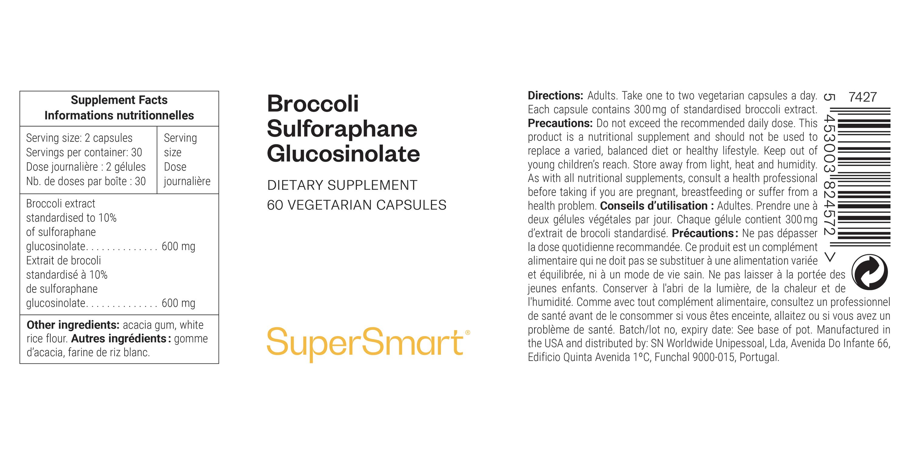 Etichetta di Broccoli Sulforaphane Glucosinolate, 60 capsule vegetariane. Contiene informazioni nutrizionali. Marchio SuperSmart.