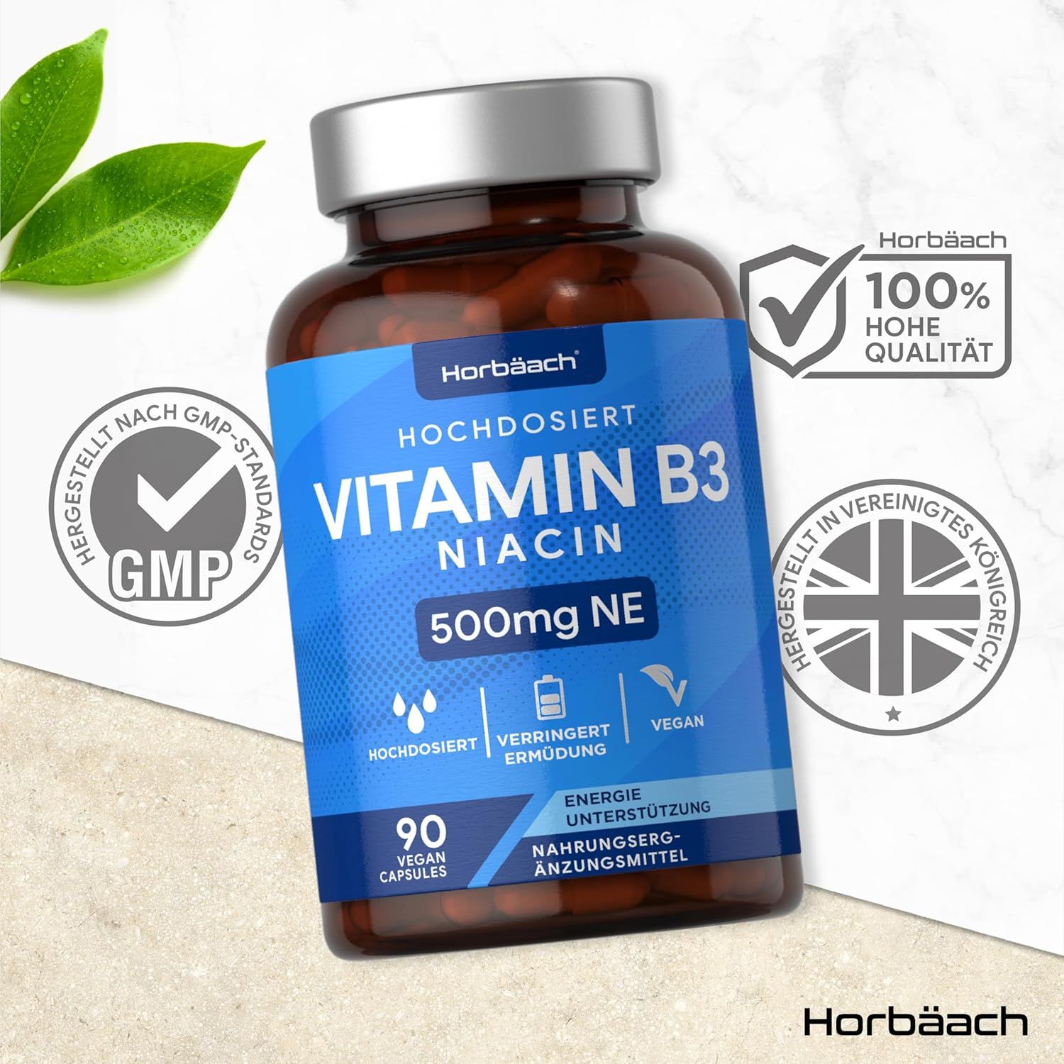 Flacone marrone con testo blu. Contiene 90 capsule di vitamina B3 Niacina 500mg. Vegano. Horbaach. Marchi GMP e qualità.
