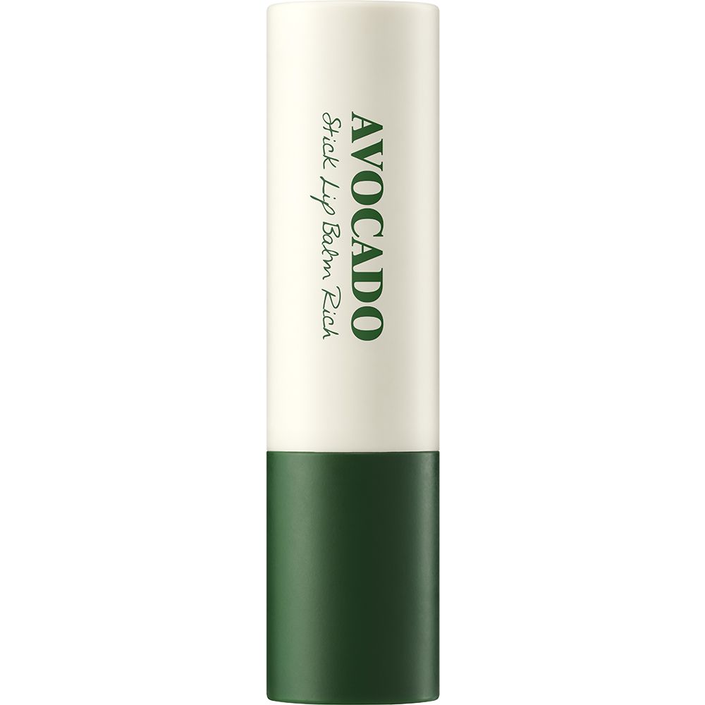 Stick di balsamo labbra chiuso. Coperchio bianco, base verde. Testo: Avocado Stick Lip Balm Rich.