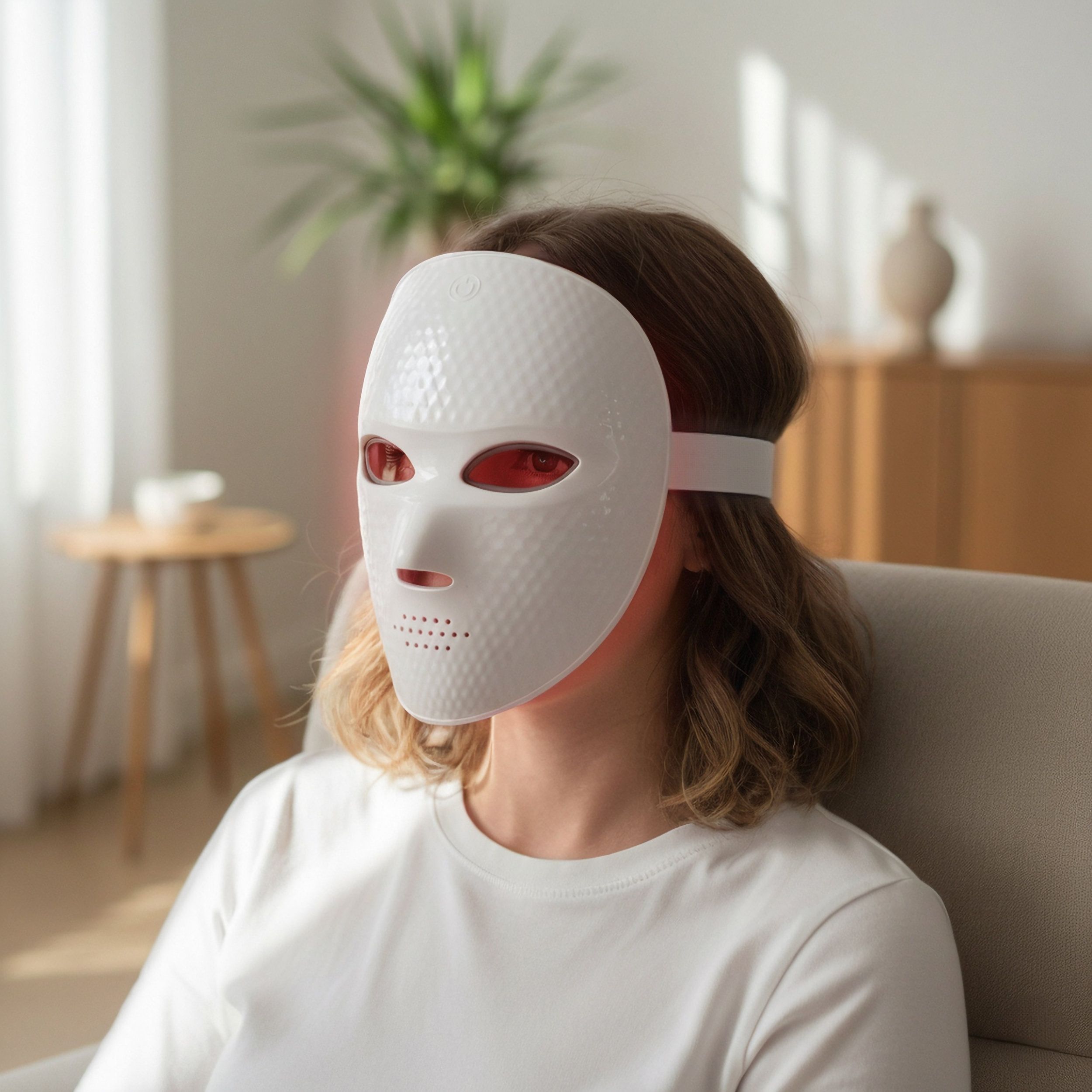 Donna indossa maschera facciale a LED bianca. Maschera con fori e luci rosse. La donna è seduta.