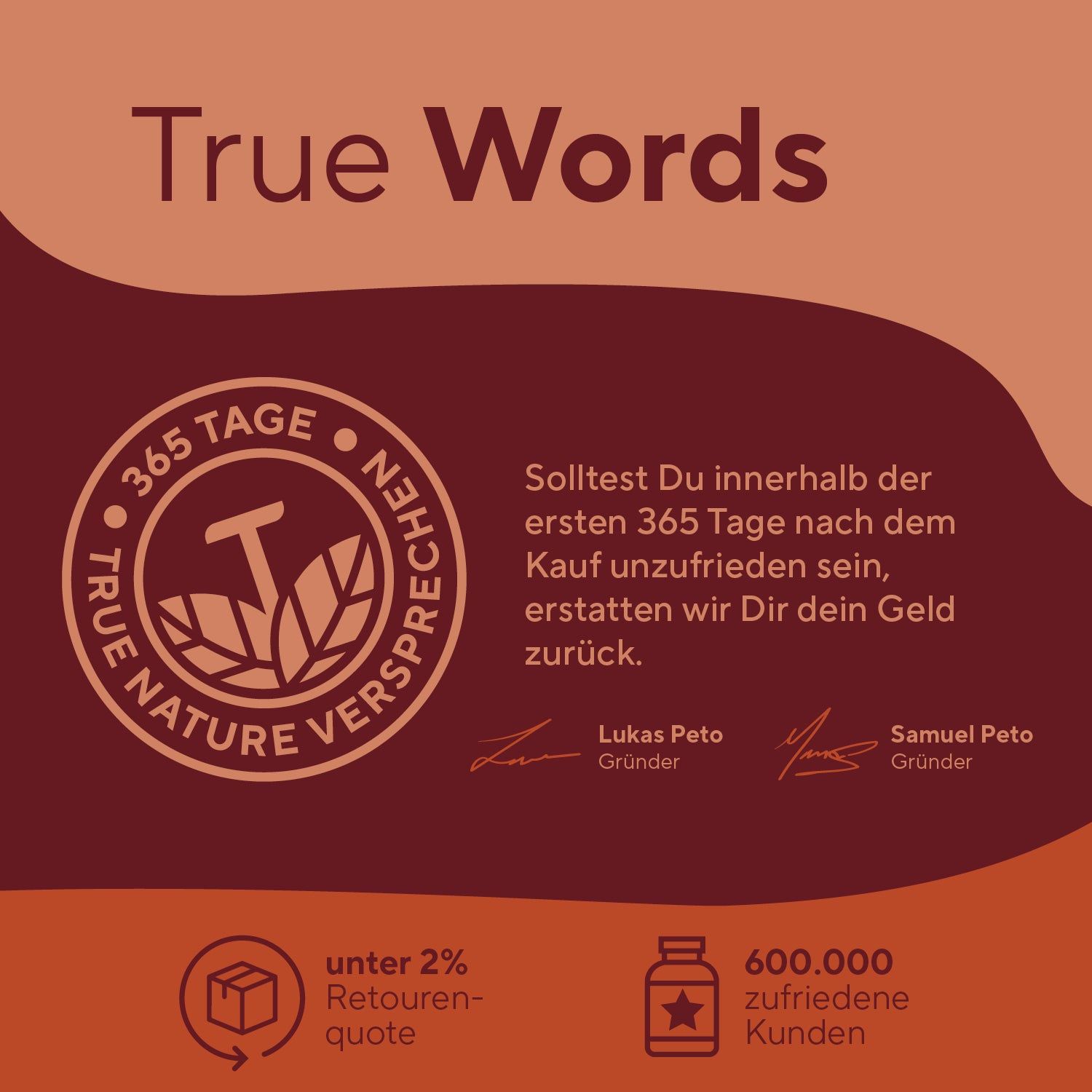 Logo: True Nature. Testo: Promessa di 365 giorni, meno del 2% di resi, 600.000 clienti soddisfatti.