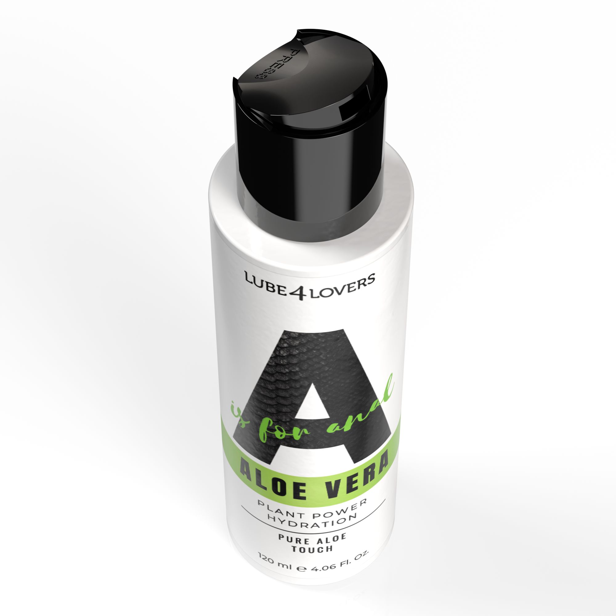 Flacone con tappo nero, vista dall'alto. Scritta: A is for Aloe Vera, Lube 4 Lovers. Nome del prodotto e logo visibili.
