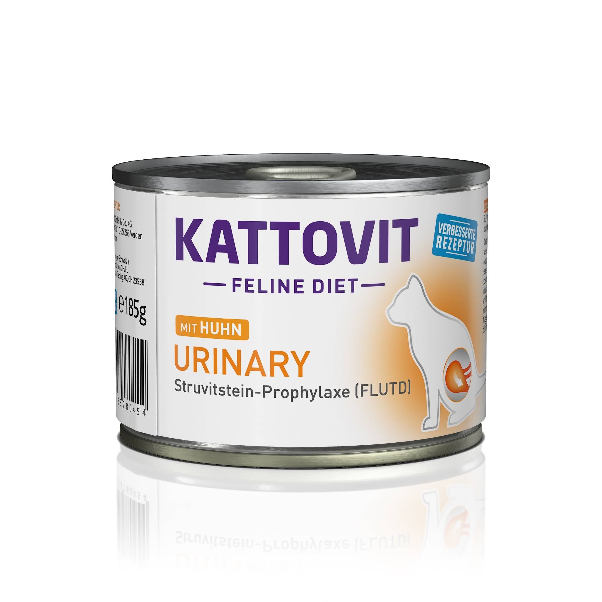 Lattina Kattovit Urinary Huhn. Etichetta bianca con nome prodotto e illustrazione gatto. Testo: Urinary, Profilassi calcoli struvite (FLUTD).