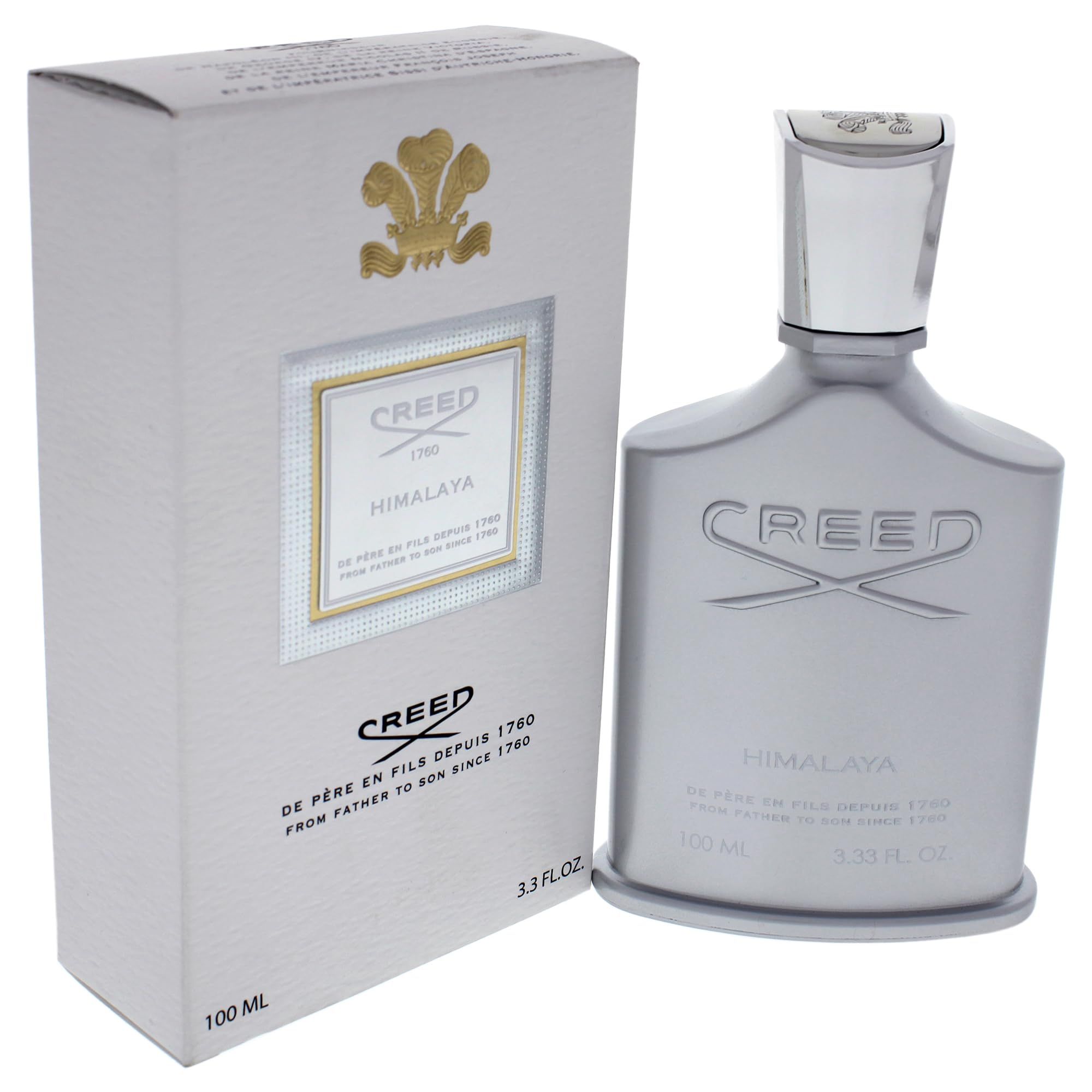 Flacone e confezione grigi. Scritta CREED HIMALAYA. Confezione con logo e testo.