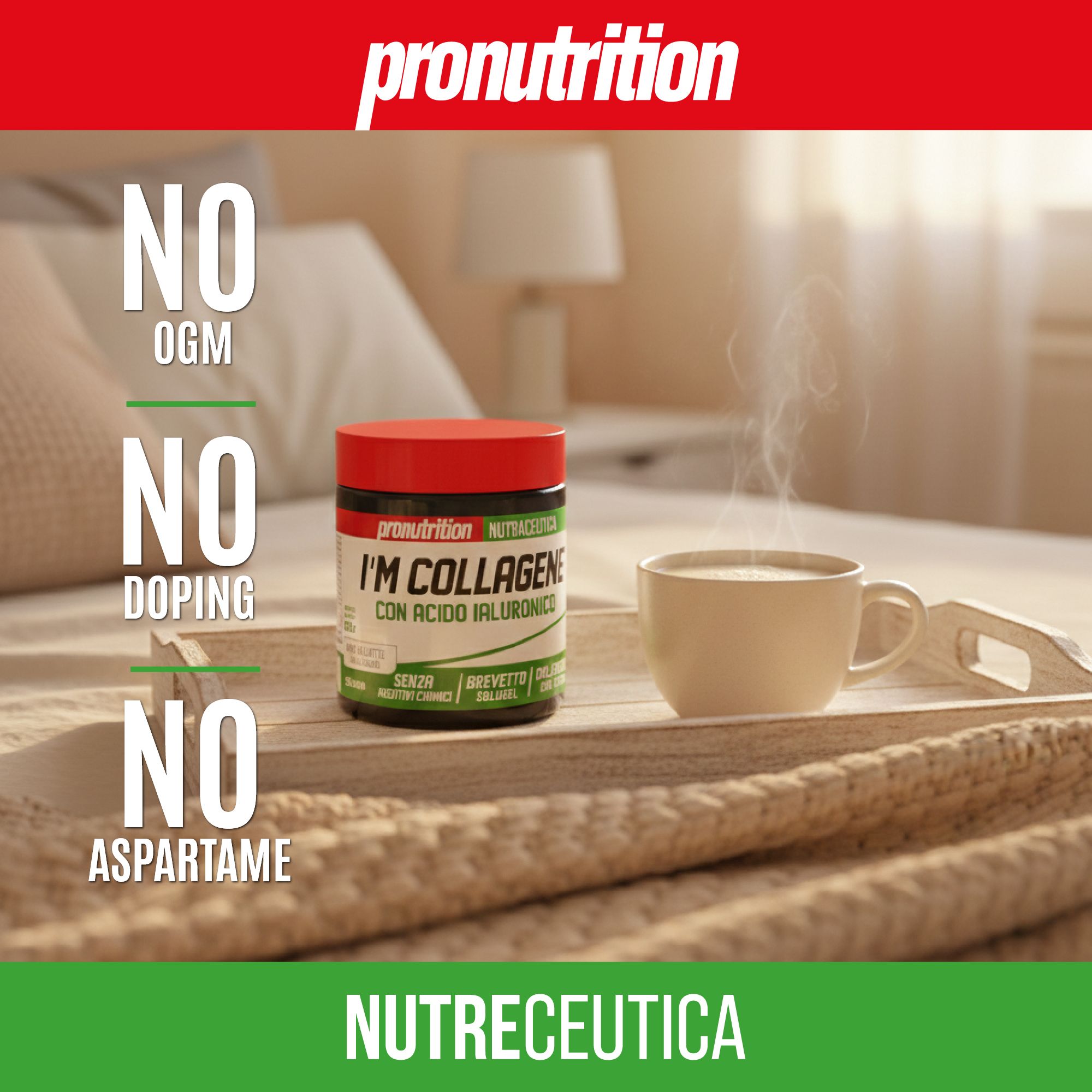 Prodotto su vassoio. Testo: NO OGM, NO DOPING, NO ASPARTAME. Coperchio rosso, etichette verdi. Tazza di caffè.