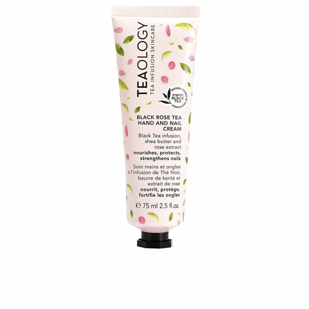 Tubo crema con motivo floreale. Testo: Teaology, Black Rose Tea Hand and Nail Cream. Sigillo vegano.