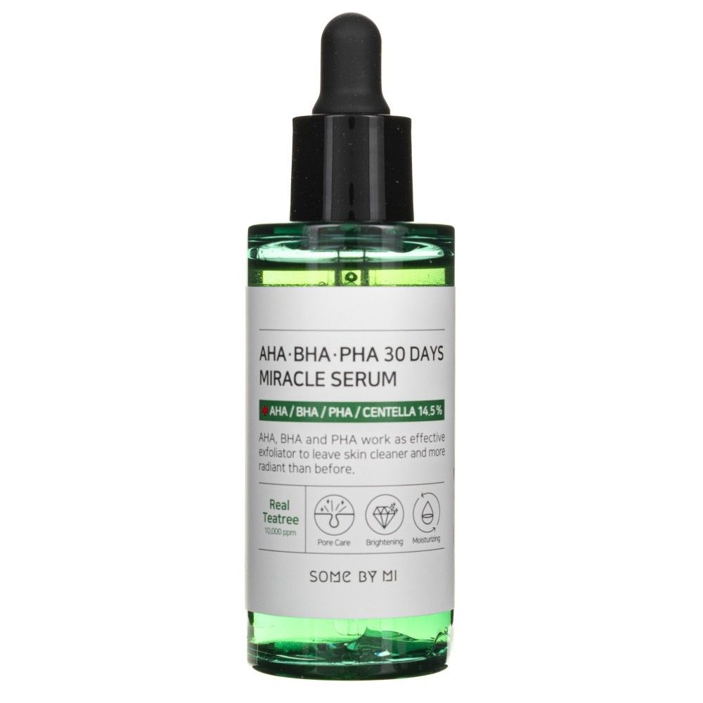Flacone di siero Miracle 30 giorni AHA-BHA-PHA di SOMEBYMI con icone per la cura della pelle e tea tree.