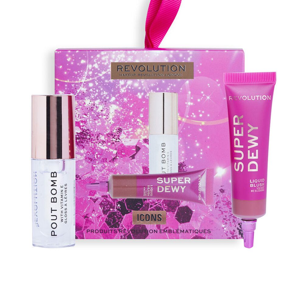 Set regalo con prodotti cosmetici. Include lucidalabbra, rossetto e blush liquido. Confezionato in una scatola rosa con fiocco.