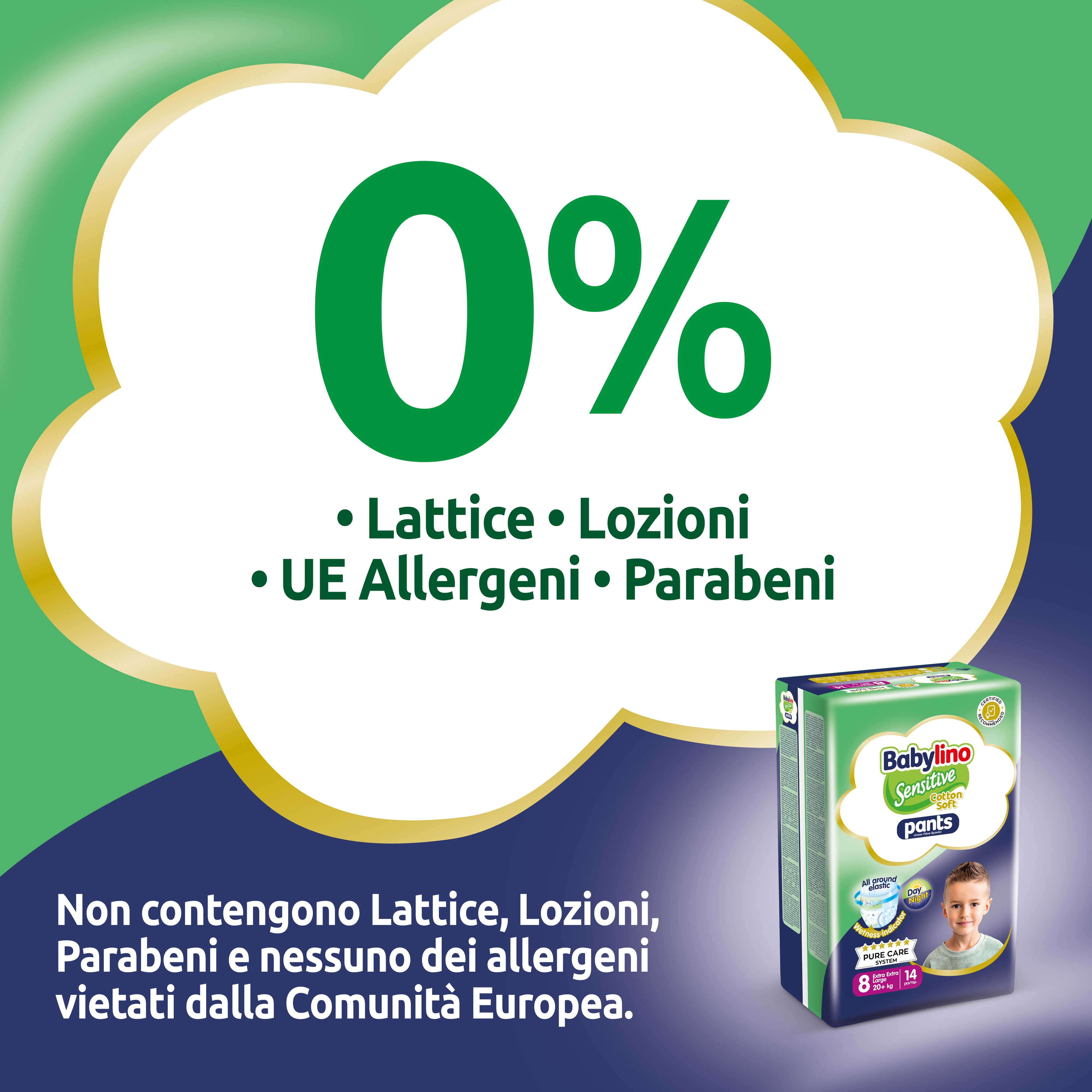 Babylino Sensitive Pants. 0% Lattice, Lozioni, Allergeni UE, Parabeni. Immagine del prodotto. Confezione.