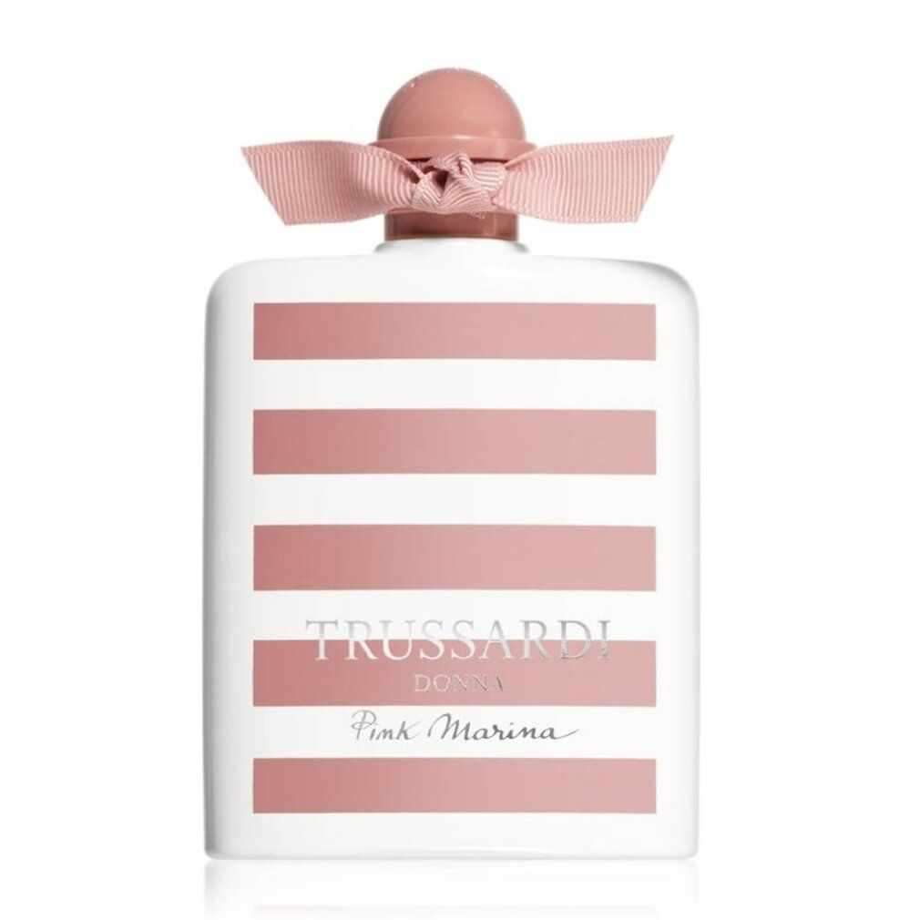 Flacone a strisce bianche e rosa con fiocco rosa. Scritta: TRUSSARDI DONNA Pink Marina.