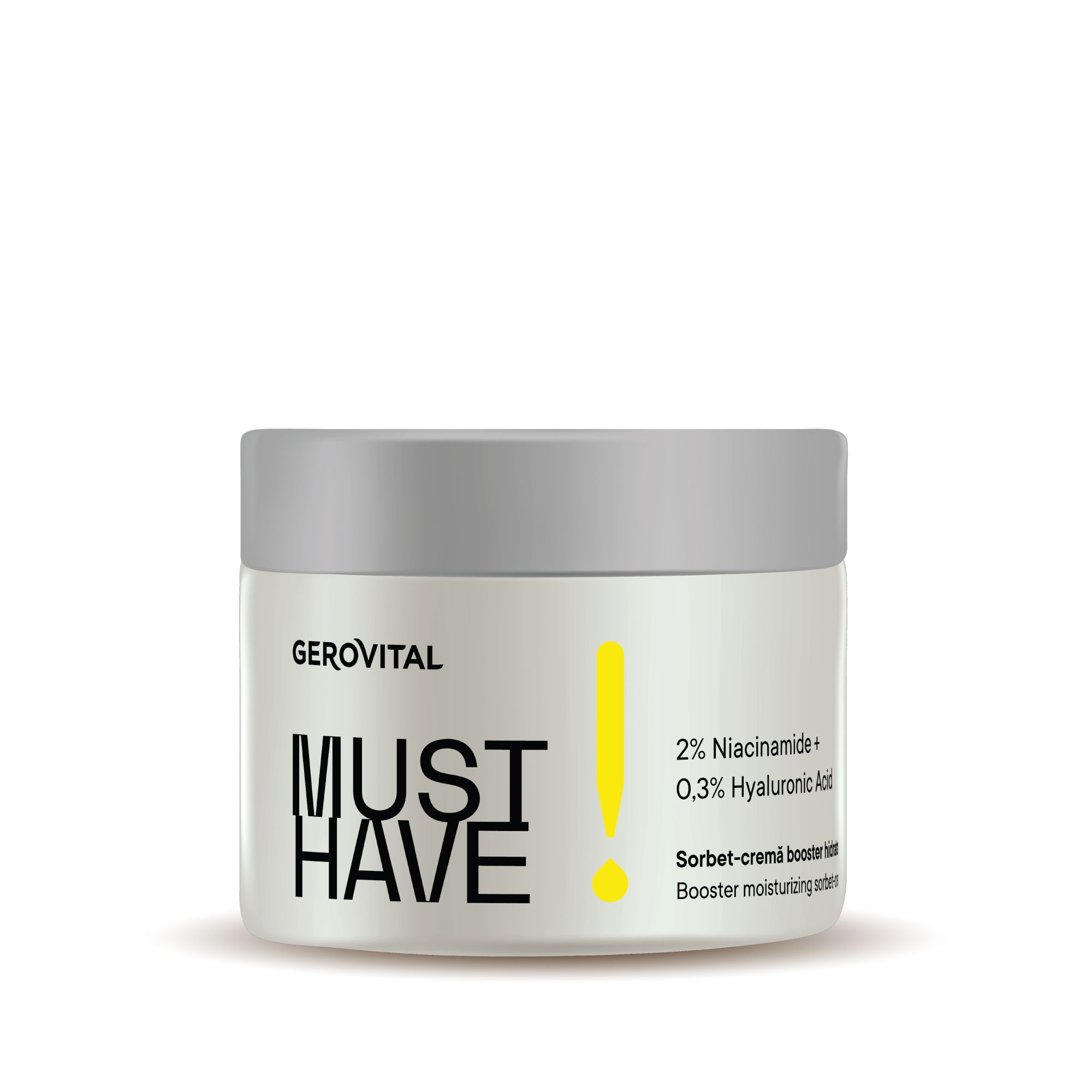 Vasetto di crema con scritta: MUST HAVE, 2% Niacinamide + 0,3% Acido Ialuronico. Punto esclamativo giallo.
