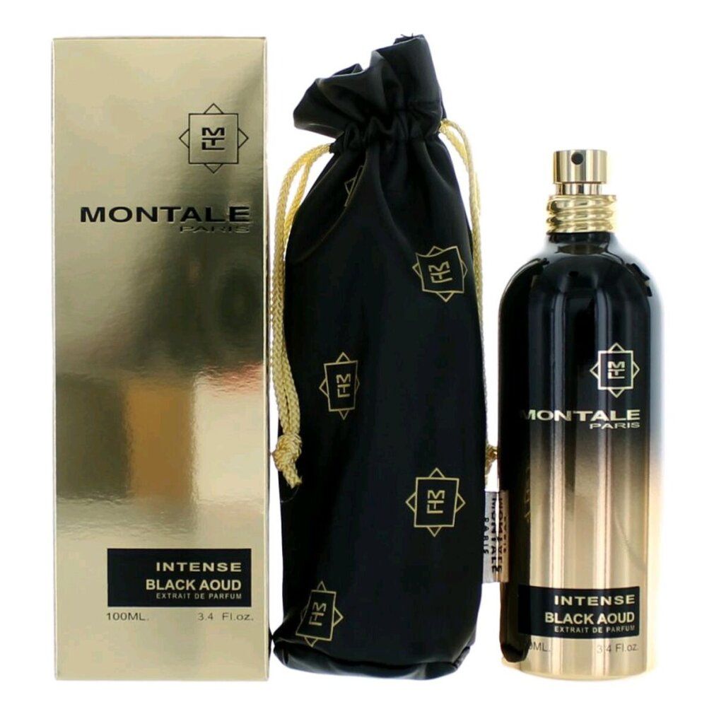Scatola dorata, sacchetto nero e flacone. Scritta: Montale Paris, Intense Black Aoud. Flacone con sfumatura dorata.