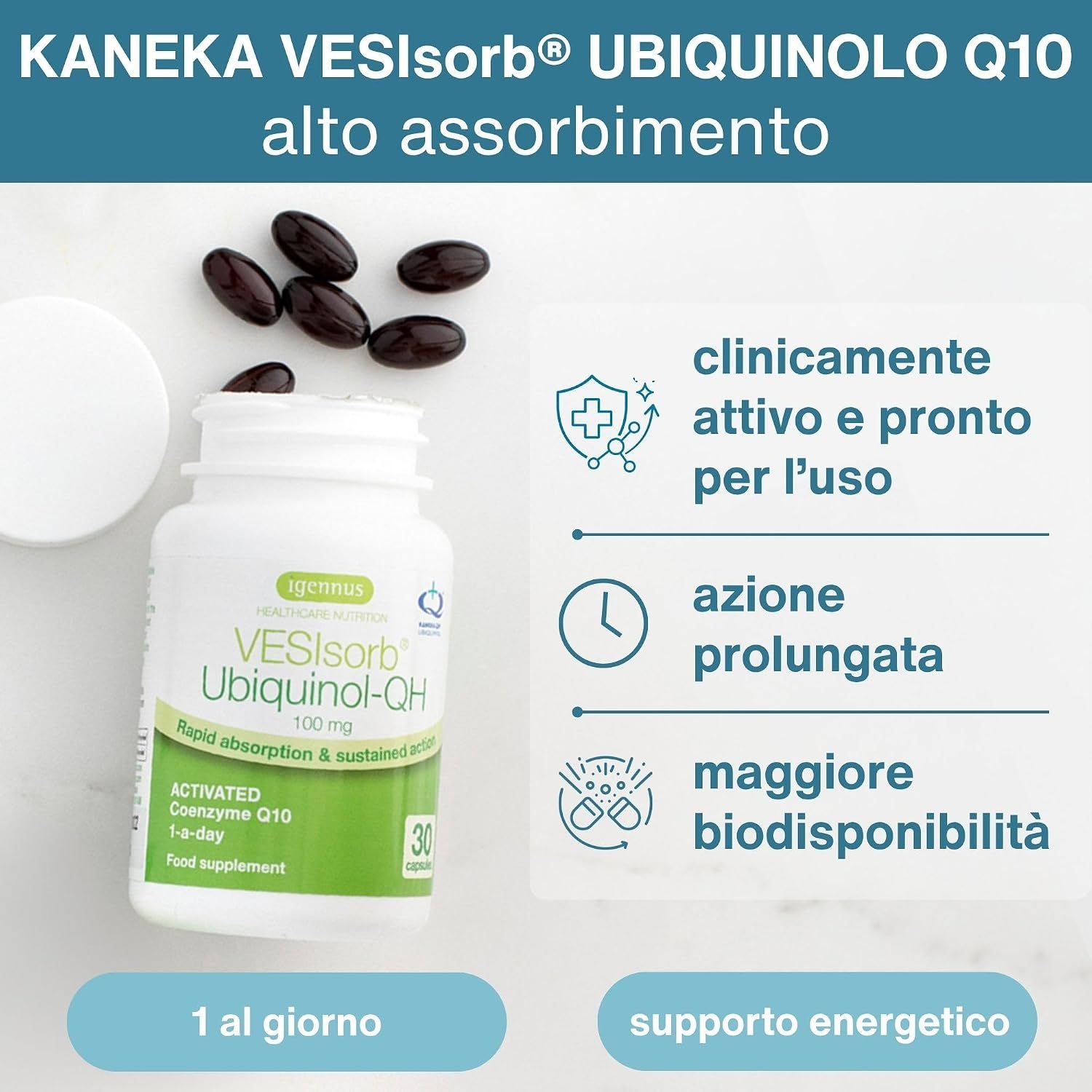 Flacone Ubichinol-QH con icone per attività clinica e biodisponibilità.