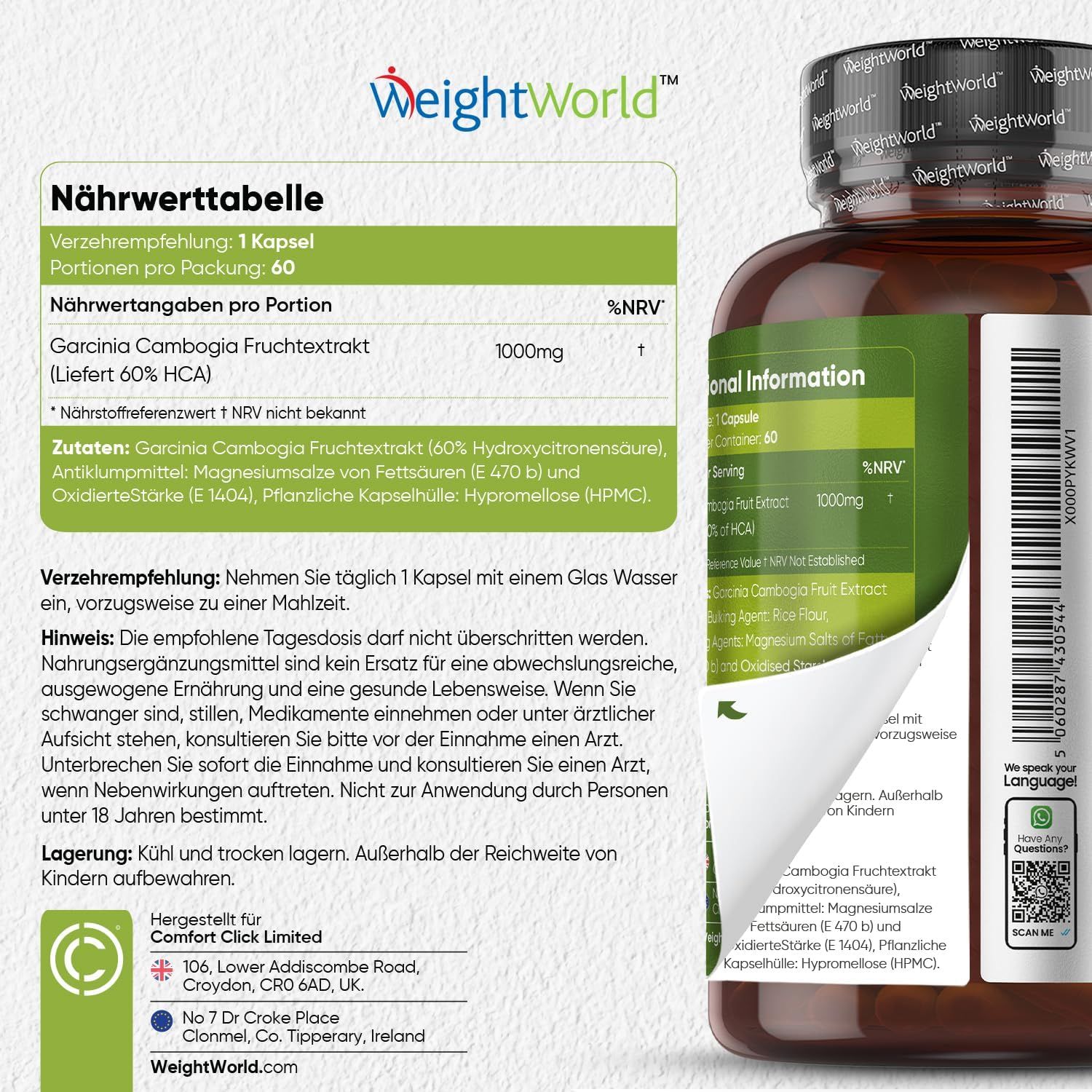 Retro del flacone di Garcinia Cambogia. Contiene tabella nutrizionale e lista ingredienti. Testo: Estratto di frutta di Garcinia Cambogia.