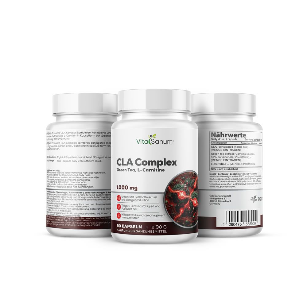 Tre contenitori di capsule VitaSanum CLA Complex. Contenitore anteriore con 1000 mg, 90 capsule. Retro con informazioni nutrizionali.