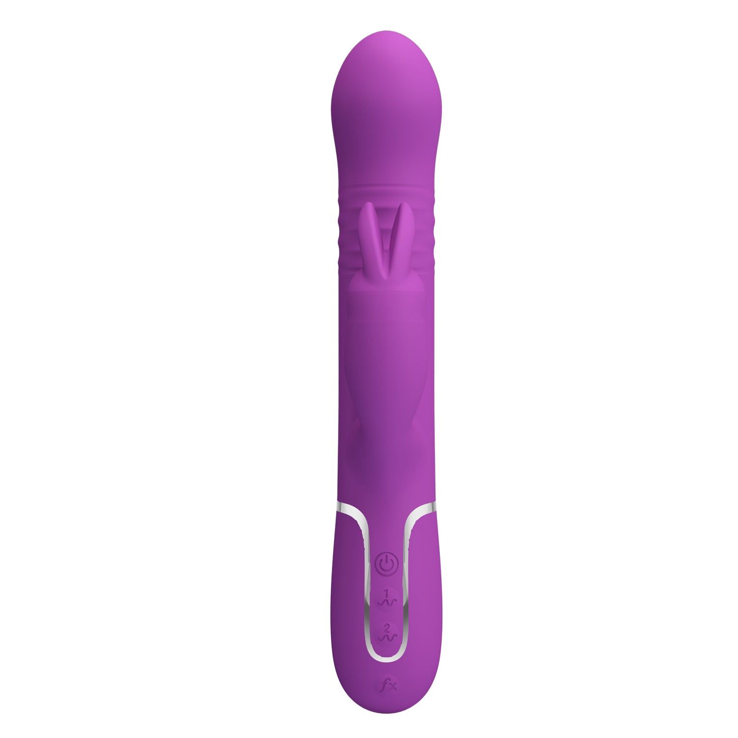 Vibratore viola con design a coniglio. Corpo cilindrico, punta curva, orecchie di coniglio. Comandi argentati.