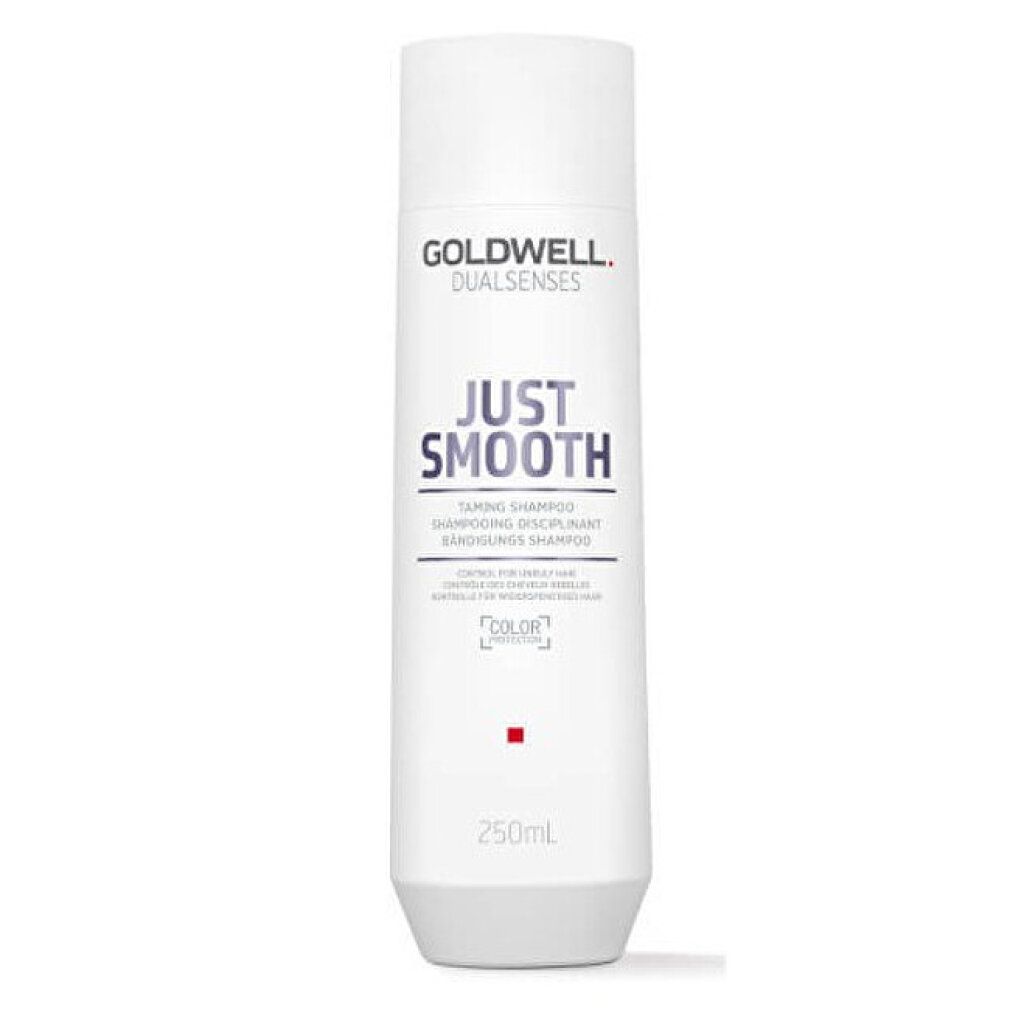 Flacone di shampoo Goldwell Dual Senses Just Smooth. Design cilindrico bianco con tappo bianco. Nome del prodotto e marchio visibili.