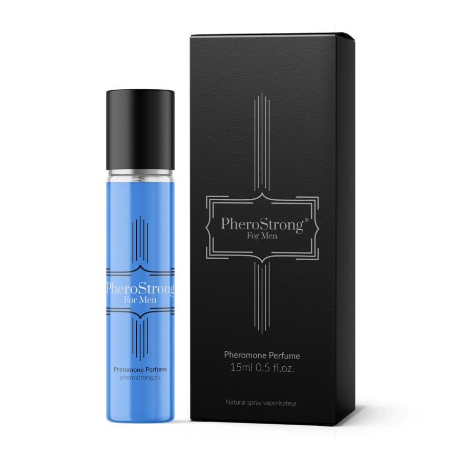 PheroStrong Profumo feromoni uomo, flacone in vetro blu da 15ml accanto alla scatola nera.