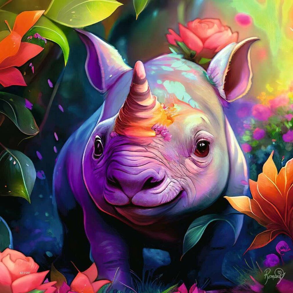 Primo piano di un cucciolo di rinoceronte dai colori vivaci, circondato da fiori e foglie.