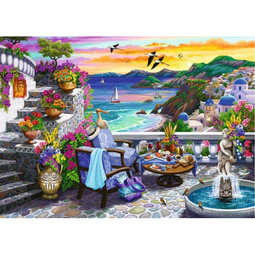 Pezi di puzzle con paesaggio. Scena con mare, case, fiori e mobili. Rappresentazione colorata con tramonto.