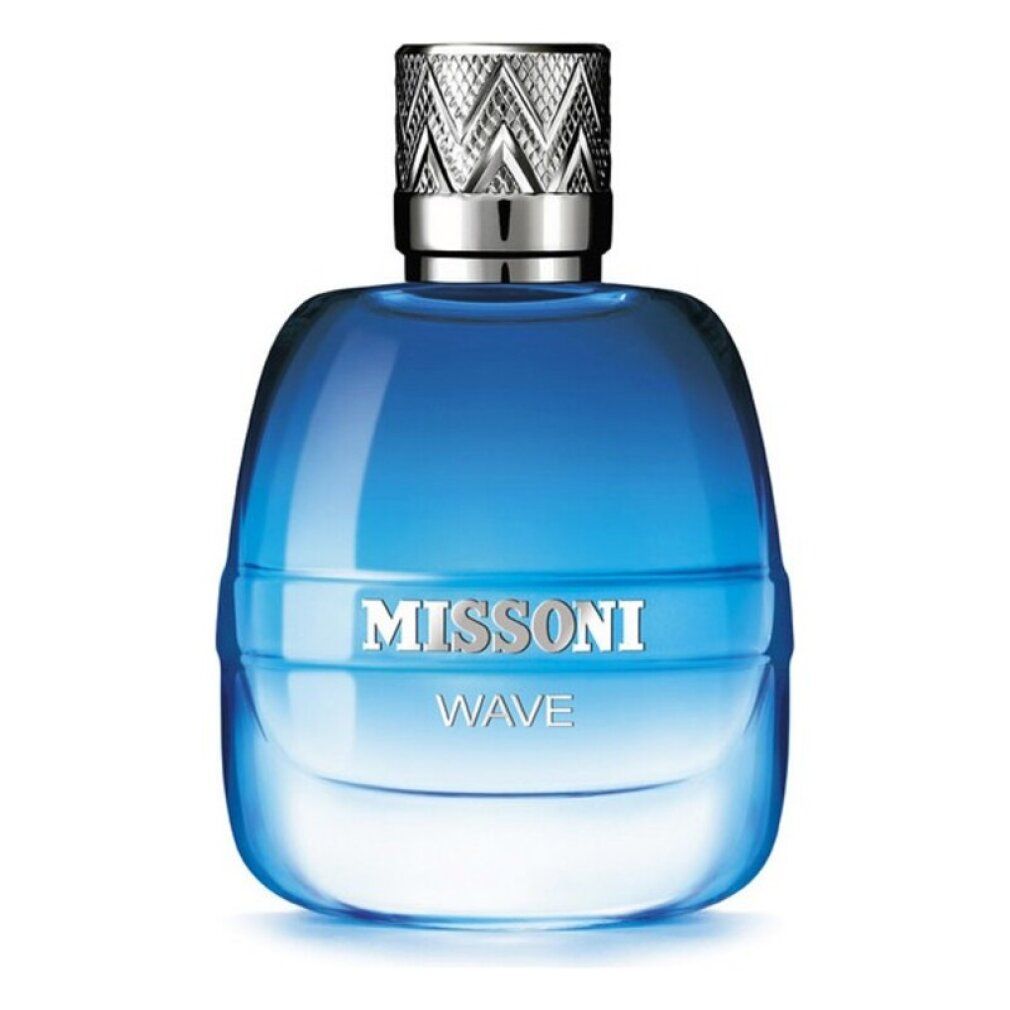 Flacone di profumo blu con tappo argentato. Scritta: MISSONI WAVE. Il flacone è di forma ovale.