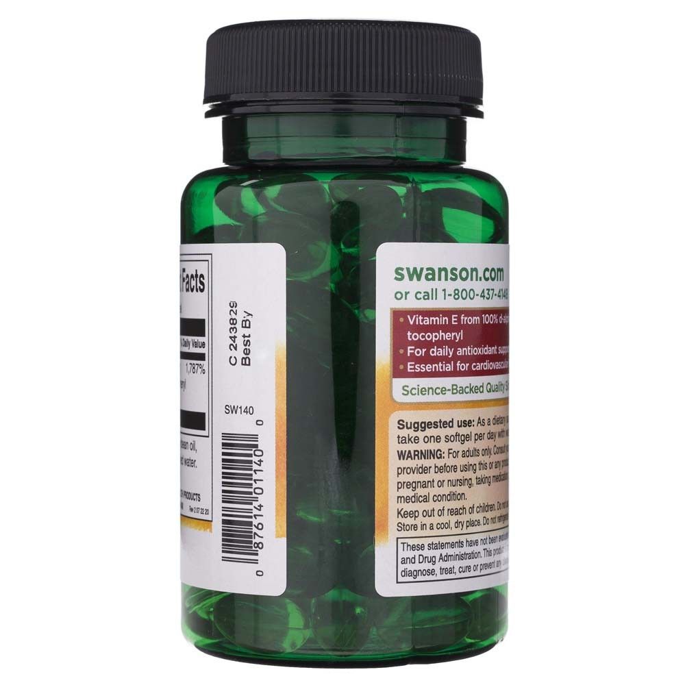 Lato del flacone con Swanson.com e informazioni sulla vitamina E.