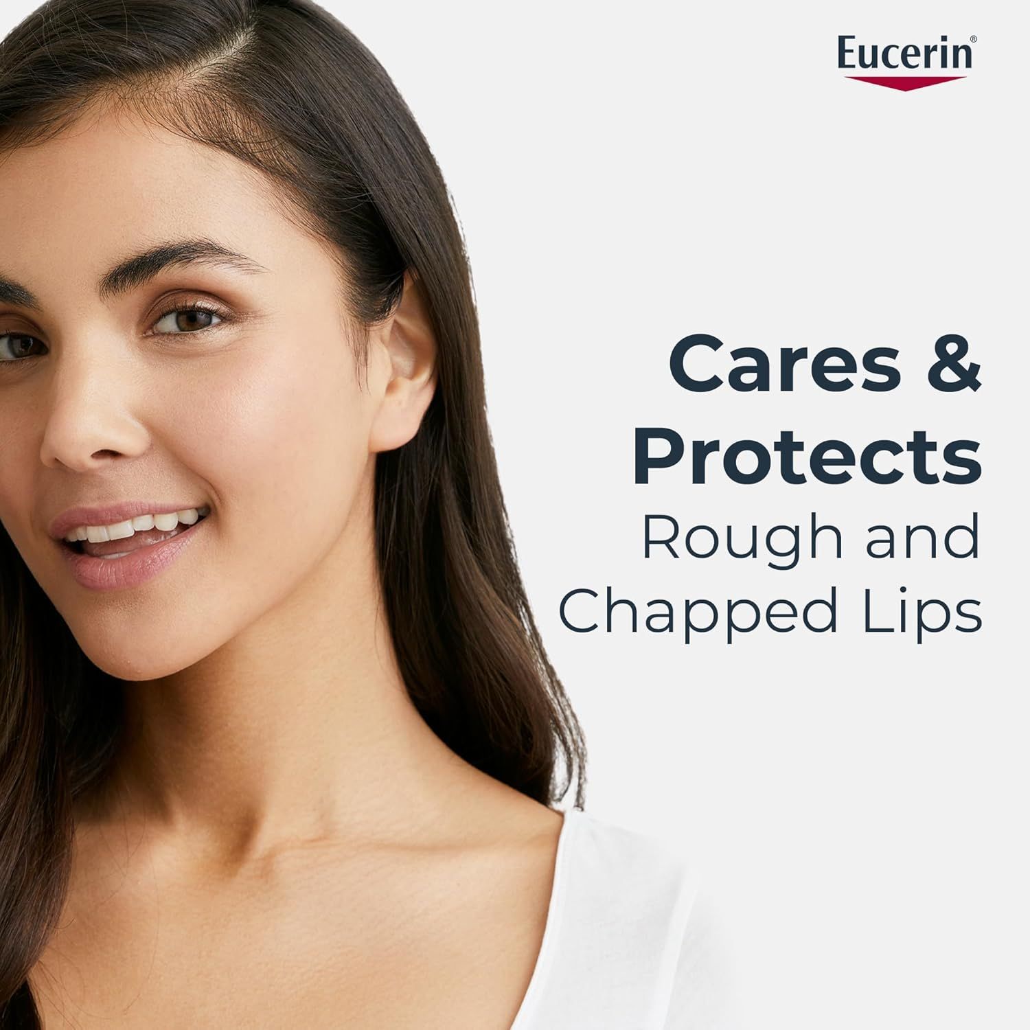 Giovane donna con capelli scuri. Testo: Cares & Protects Rough and Chapped Lips. Logo Eucerin.