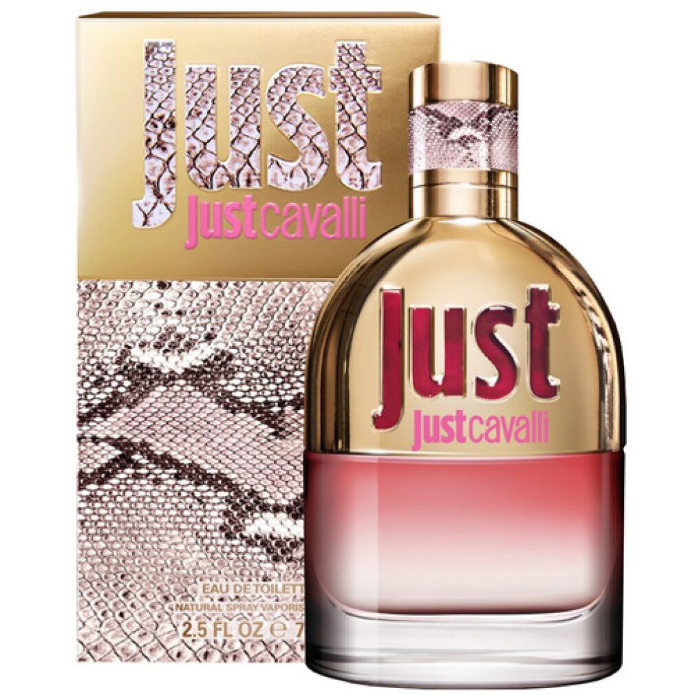 Flacone di profumo e confezione. Flacone con tappo dorato e scritta rosa "JUST justcavalli". Confezione con motivo a serpente.
