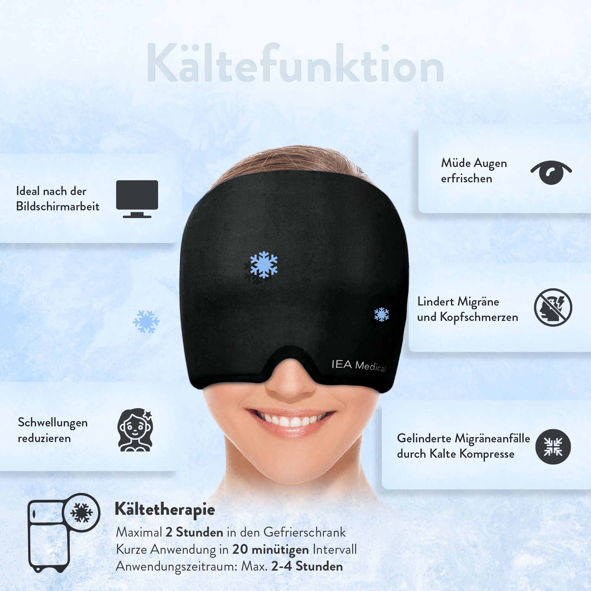 Persona con maschera per emicrania nera. Testo: Funzione freddo. Logo IEA Medical. Illustrazioni.
