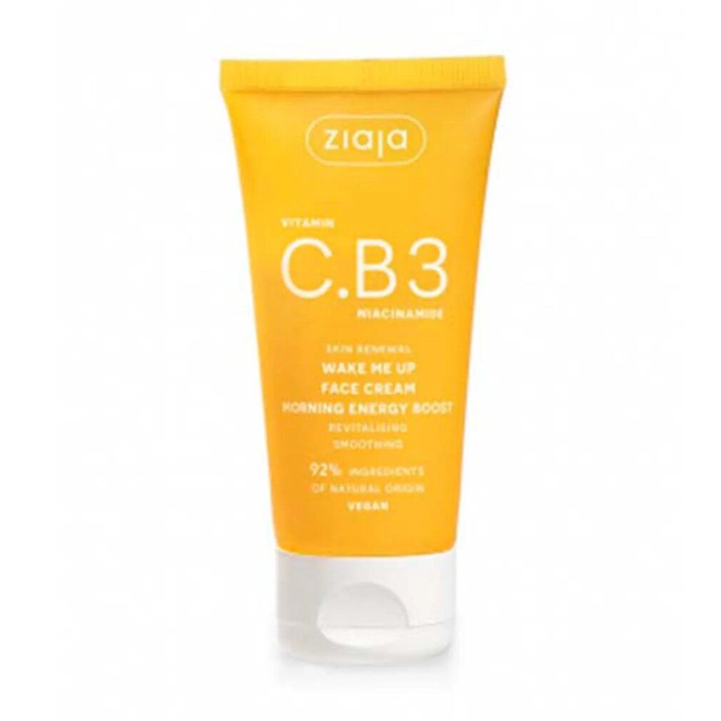 Tubo giallo con tappo bianco. Scritta: Ziaja Vitamina C.B3. Testo: Skin Renewal, Wake Me Up Face Cream, Morning Energy Boost.