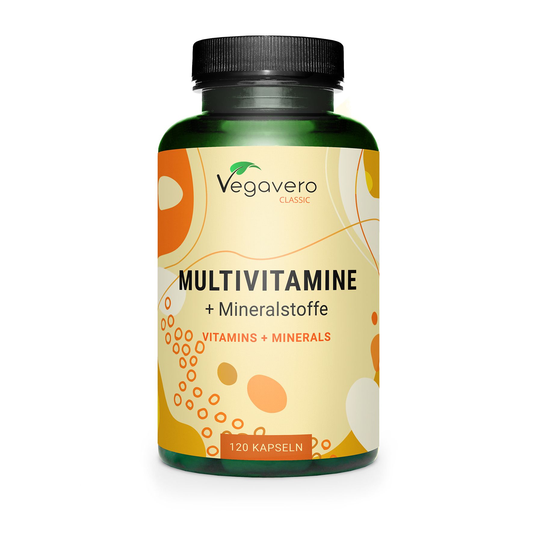 Bottiglia verde con tappo nero. Scritta: VEGAVERO Multivitamine + Minerali, 120 capsule. Sfondo con elementi gialli e arancioni.