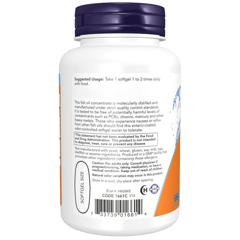 Retro del flacone. Contiene istruzioni per l'uso e avvertenze. Marchio: NOW. Testo: Softgel Size.