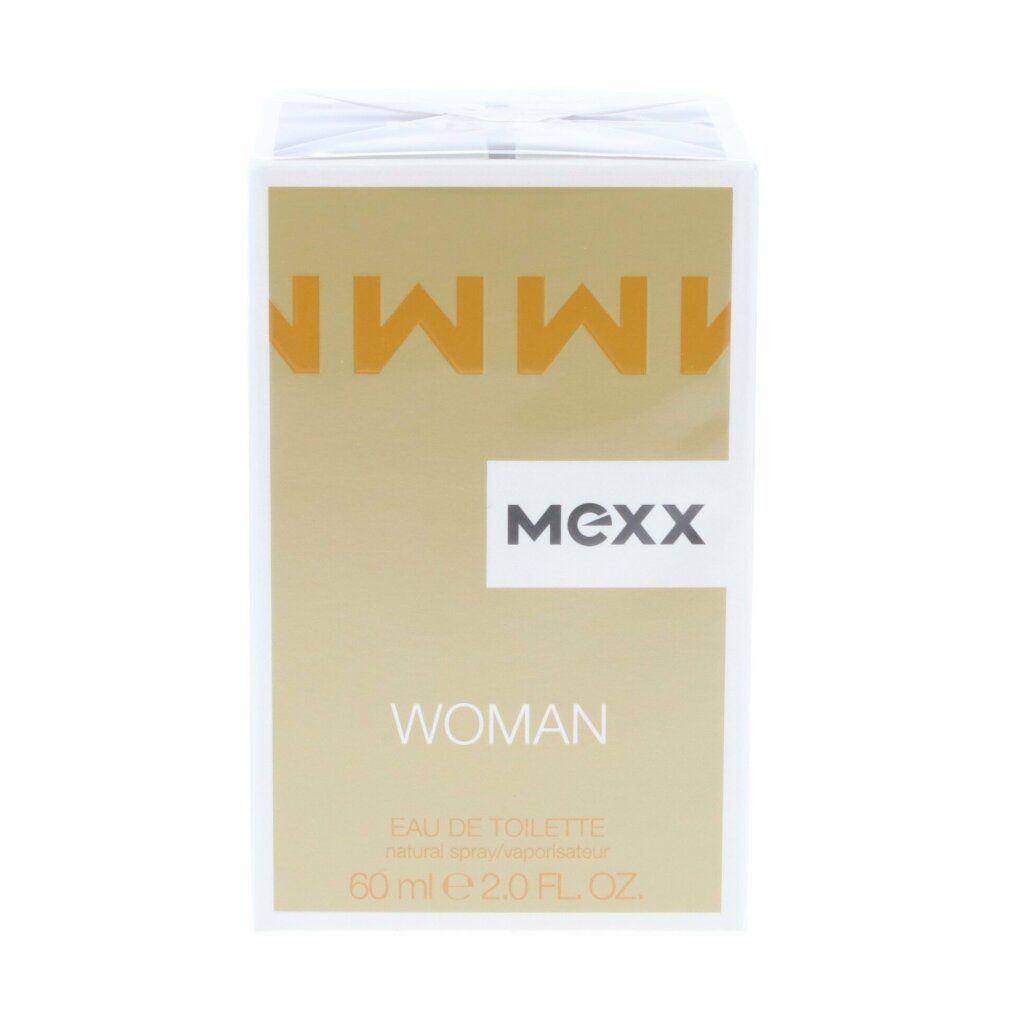 Confezione di MEXX Woman Eau de Toilette. Scatola bianca con sfondo dorato e scritta WOMAN, MEXX.