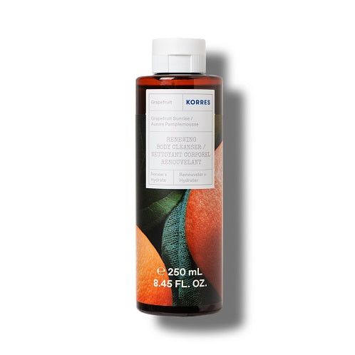 Bagnoschiuma KORRES. Bottiglia con tappo bianco ed etichetta. Scritta: Bagnoschiuma rivitalizzante, Grapefruit Sunrise. Sfondo: illustrazione di pompelmo.