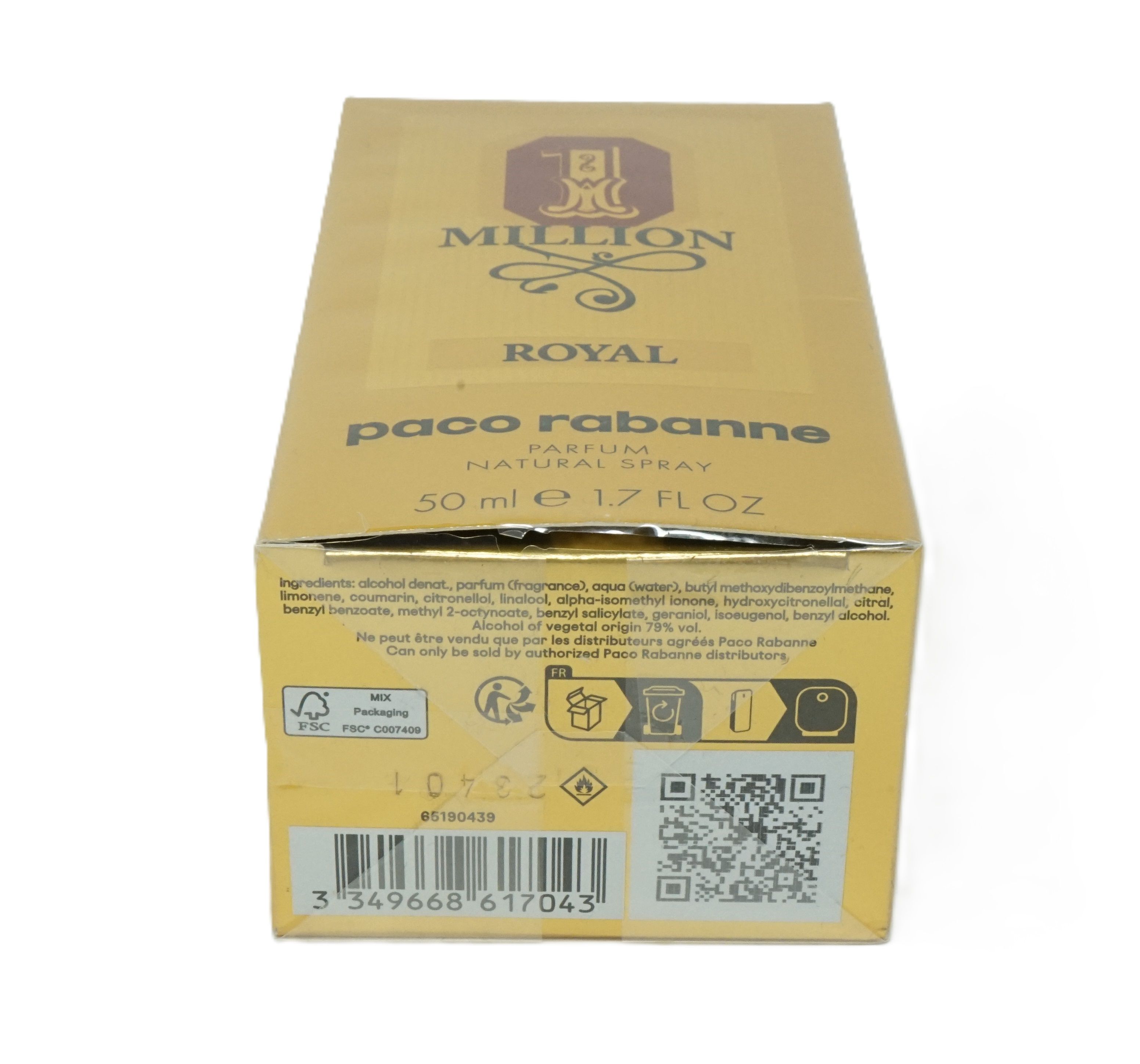 Retro della confezione dorata. Contiene informazioni, codice a barre e codice QR. '1 Million Royal' e 'paco rabanne'.