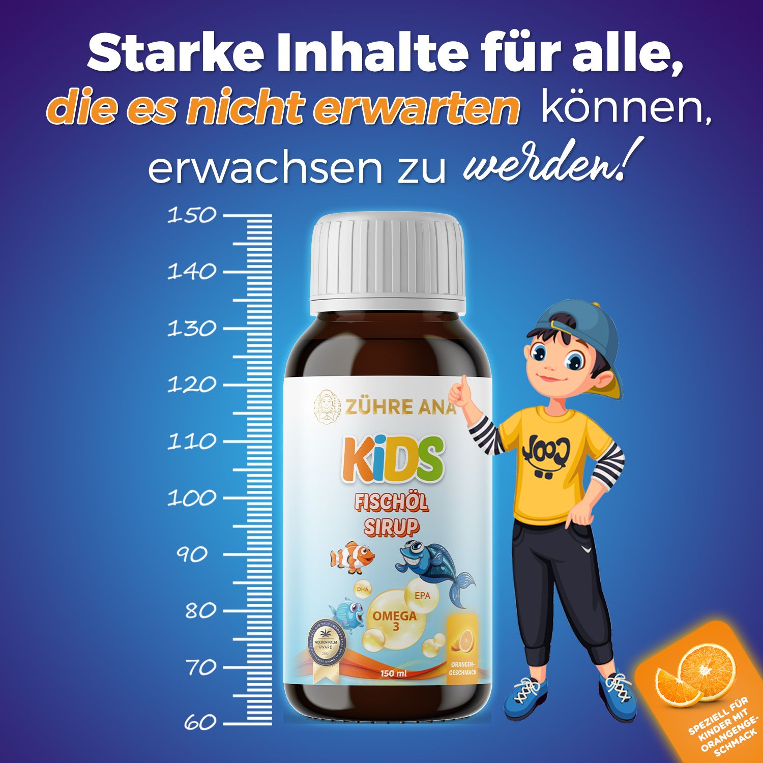Zühre Ana Kids Fischöl Sirup bottiglia accanto a un metro di crescita con un bambino.