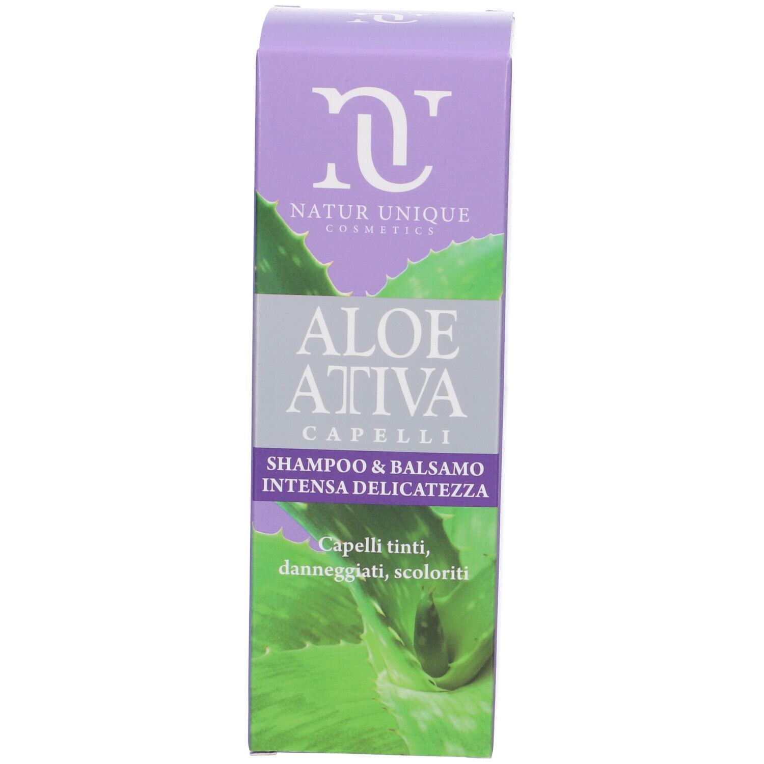 Scatola con scritta: Natur Unique Cosmetics, Aloe Attiva Capelli, Intensa Delicatezza. Per capelli colorati, danneggiati. Illustrazione di aloe vera.