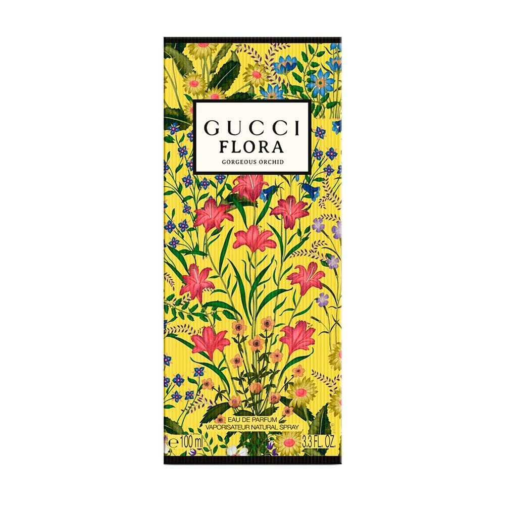 Confezione con motivo floreale e scritta: Gucci Flora Gorgeous Orchid.