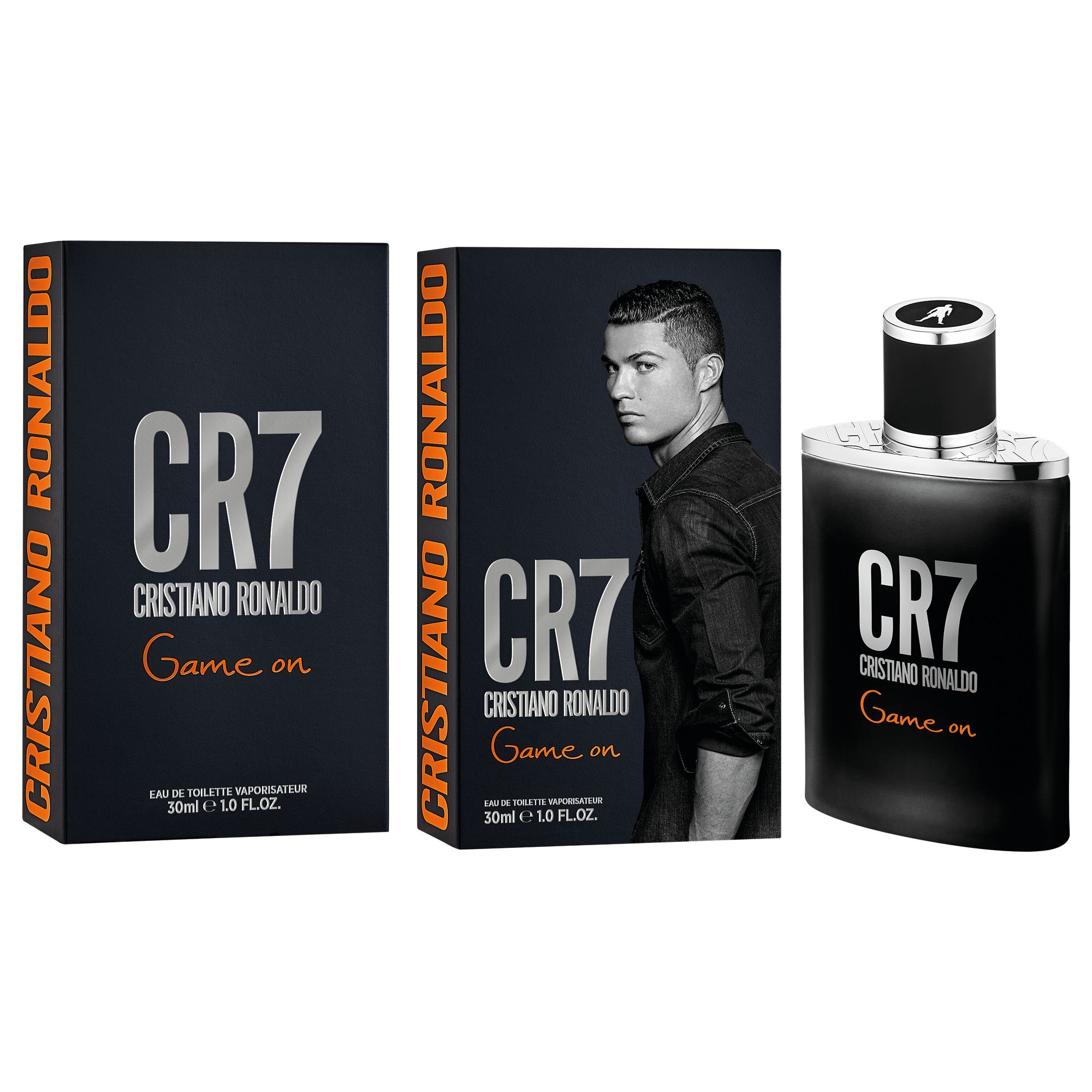 Tre prodotti: flacone e due confezioni. Scritta CR7, Cristiano Ronaldo, Game on. 30ml.
