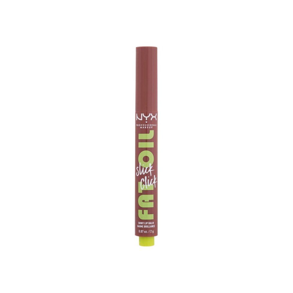 Balsamo labbra cilindrico marrone e verde. Scritta: FAT OIL slick click, NYX Professional Makeup. 0.07 oz / 2 g.