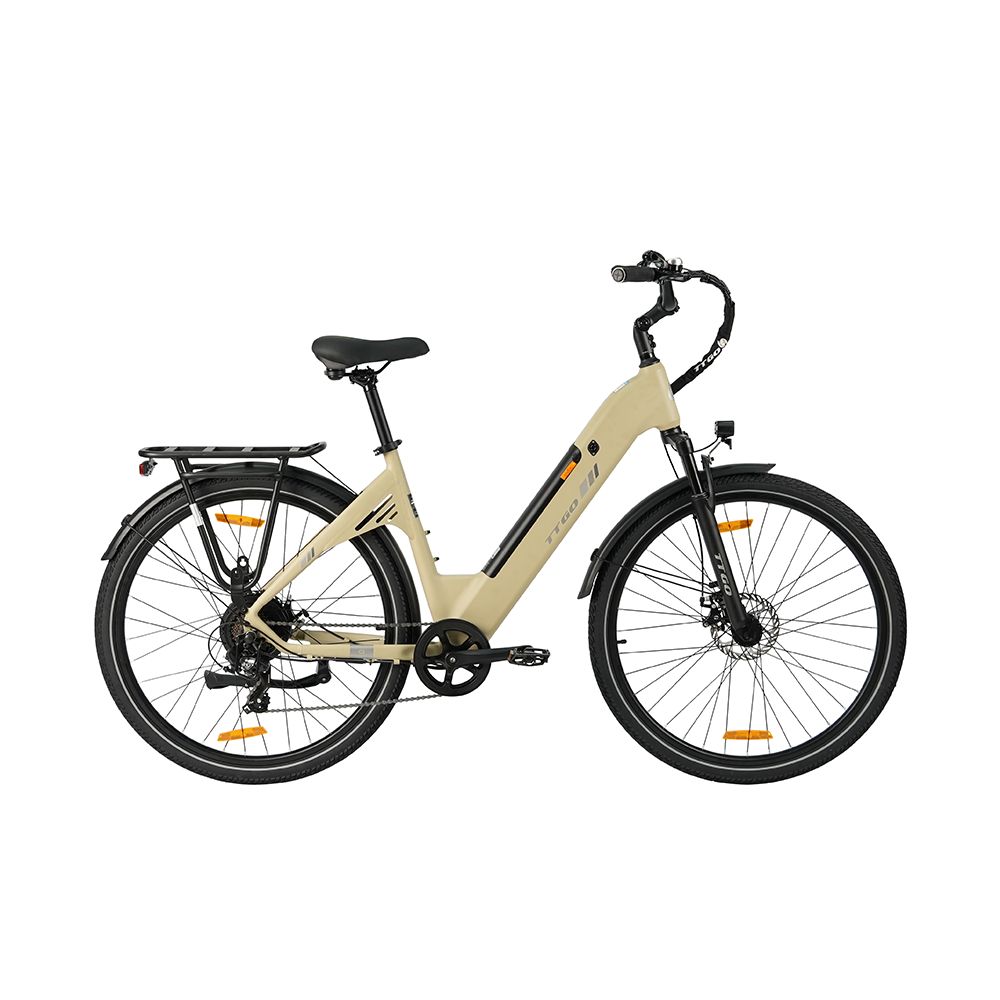Bicicletta elettrica beige con pneumatici neri, portapacchi e parafanghi. Sella e manubrio neri. Illuminazione.