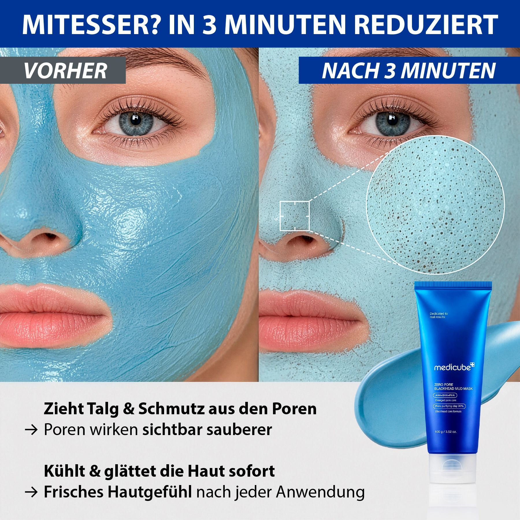 Confronto prima e dopo di una maschera facciale che mostra crema blu. Una lente d'ingrandimento evidenzia i pori.