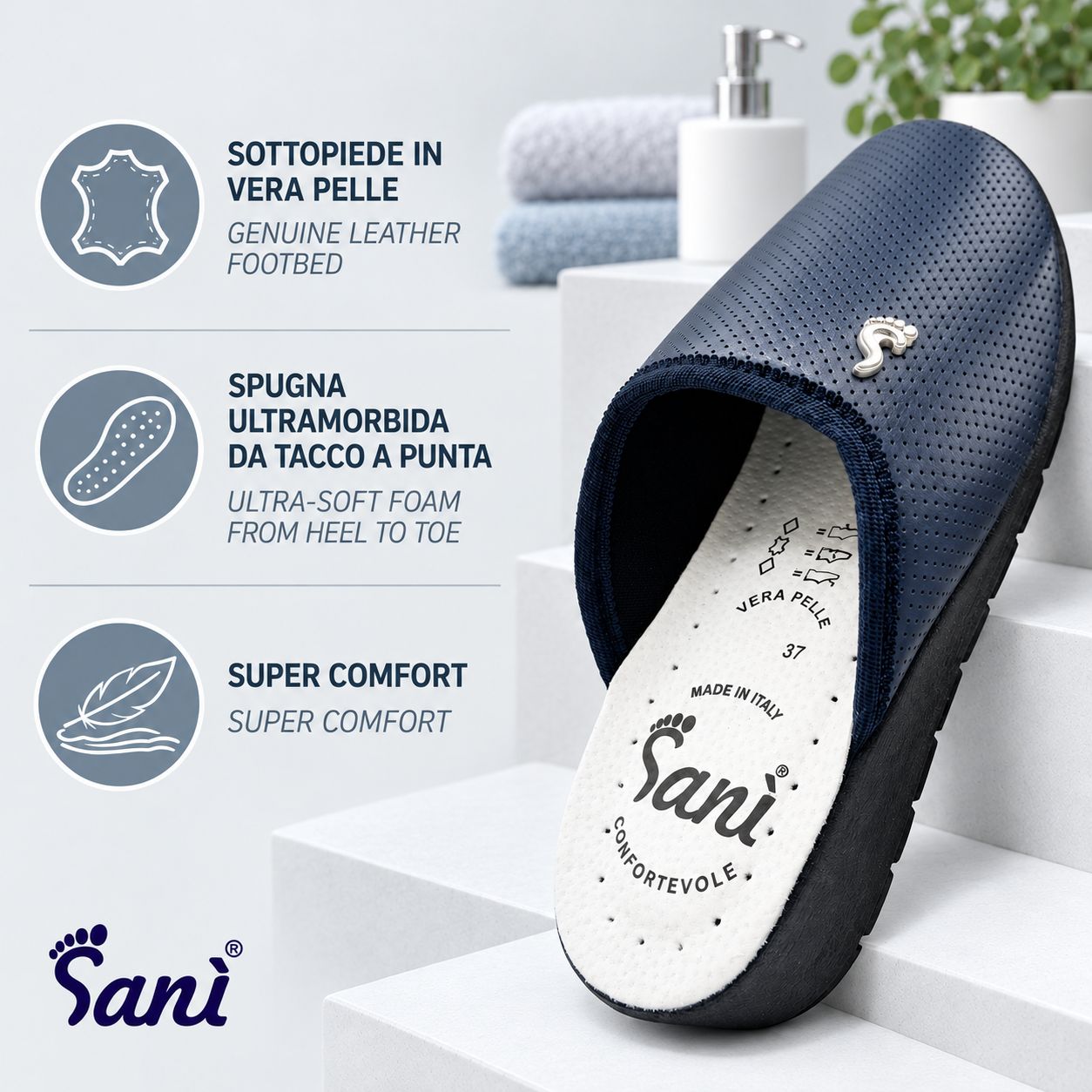 Zoccoli blu scuro, primo piano con icone testo: sottopiede in pelle, schiuma ultra-morbida, super comfort.