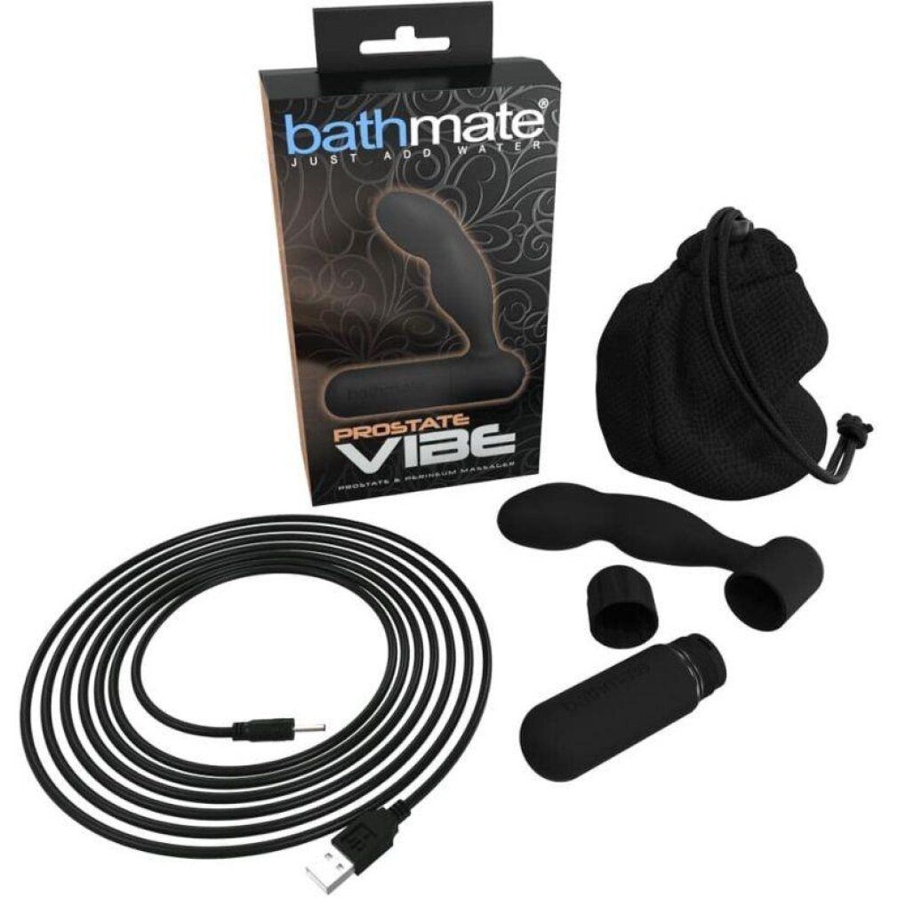 Set Bathmate Prostate Vibe con confezione, cavo di ricarica, sacchetto portaoggetti e accessori.
