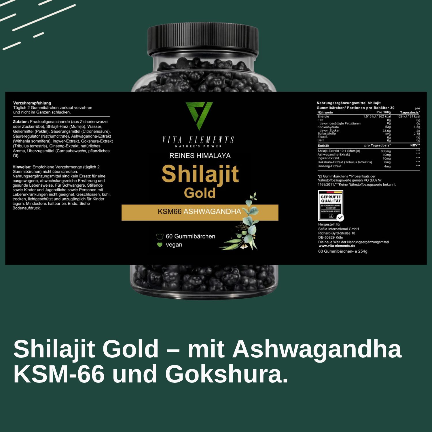 Flacone di gommose Shilajit Gold vegane, 60 pezzi, senza additivi.