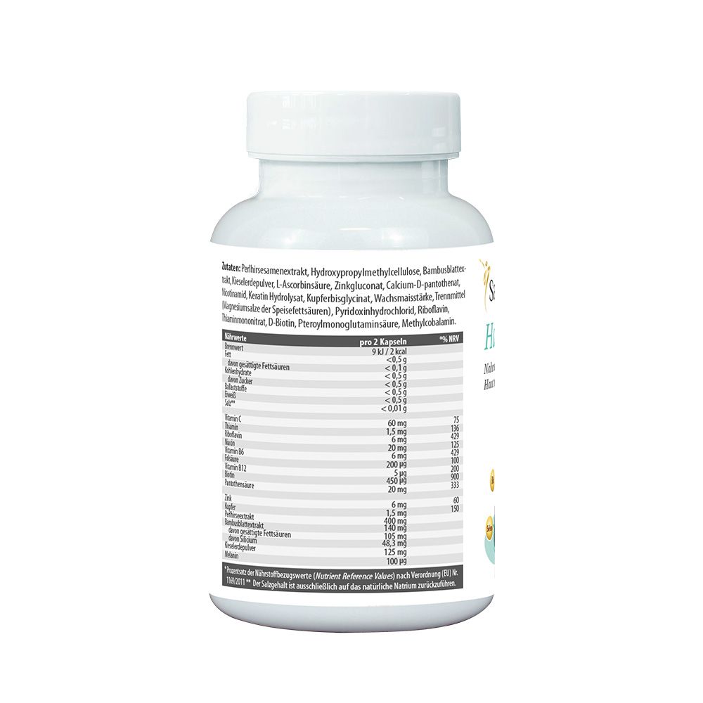 Retro del flacone bianco SanaExpert Haar Forte Gold. Elenco ingredienti e tabella nutrizionale. Testo in tedesco.