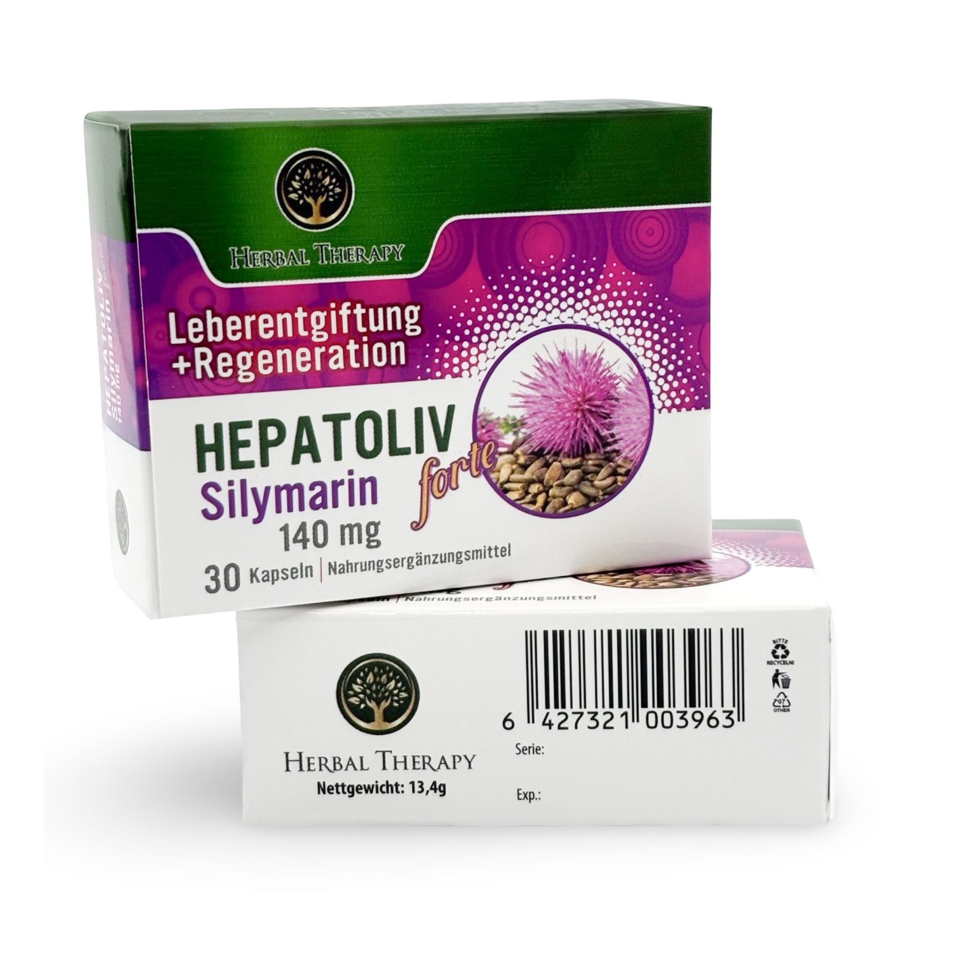 Due scatole HEPATOLIV Silymarin forte 140 mg. Scritta: Disintossicazione epatica + Rigenerazione. 30 capsule.